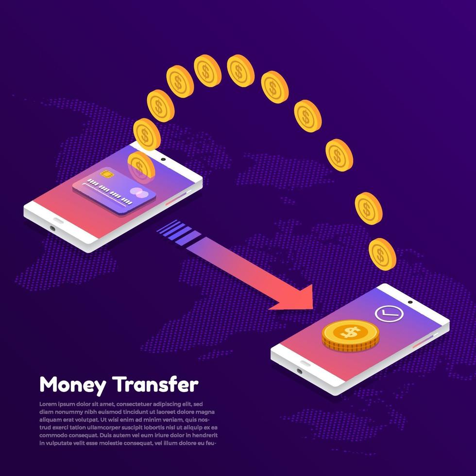 Two smartphones transferring money to each other vector