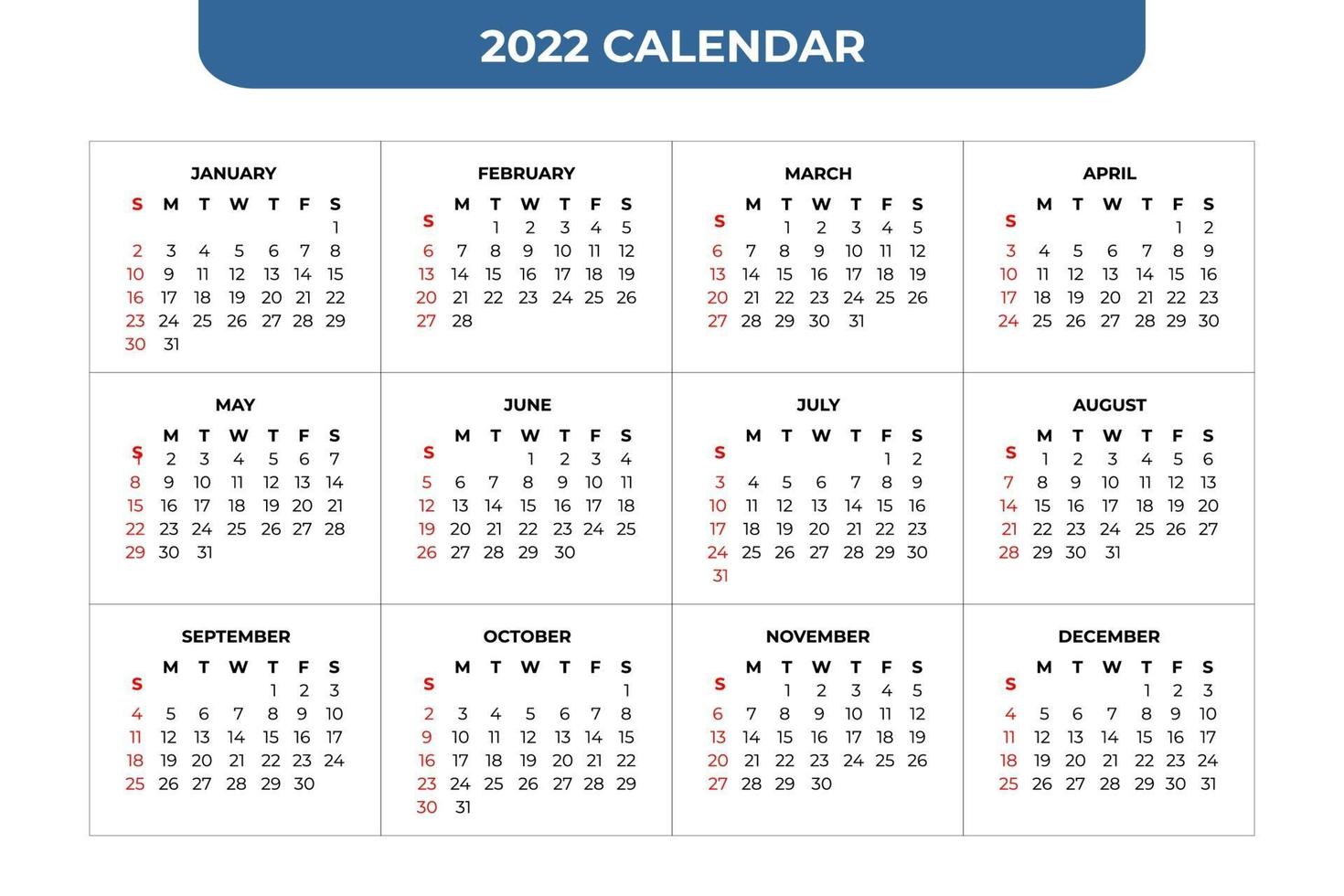 2022 Calendar Template vector