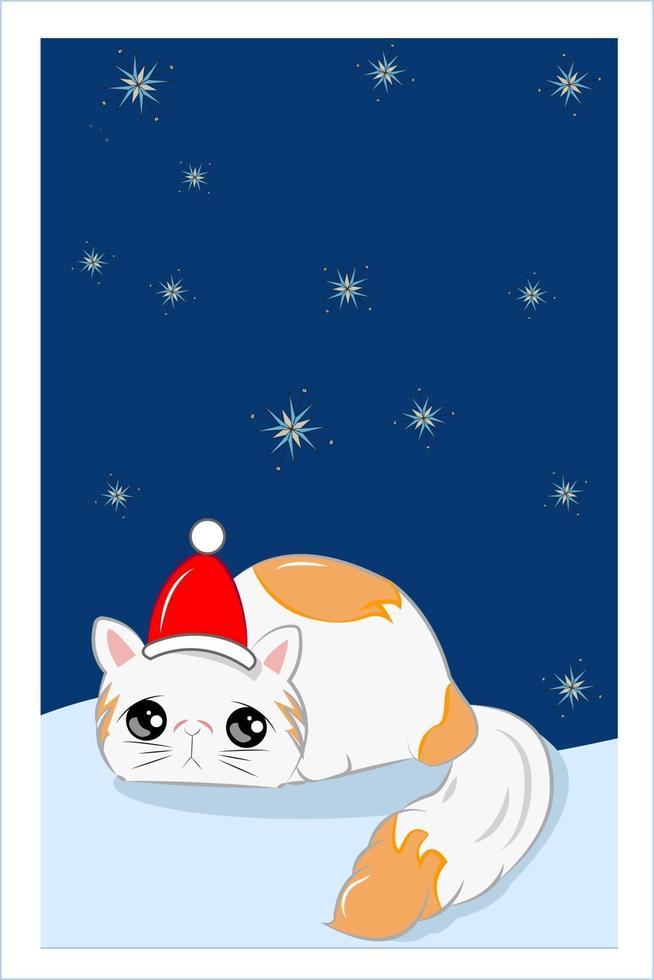 lindo gato bajo la nieve con un sombrero de navidad vector