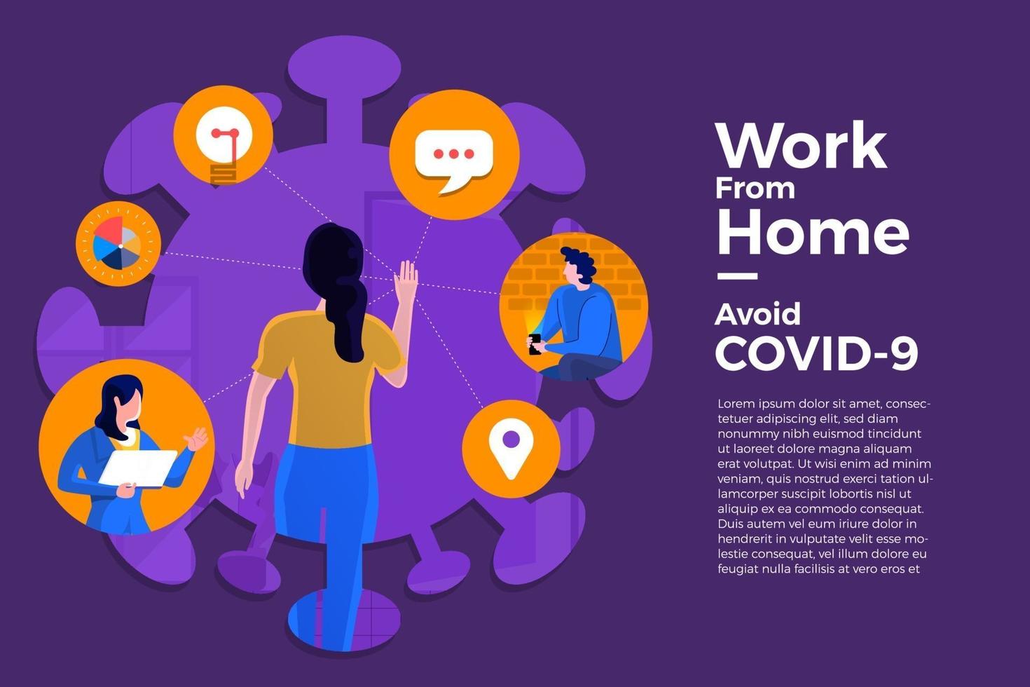 Coronavirus COVID-19. The company allows employees to work from home to avoid viruses. vector