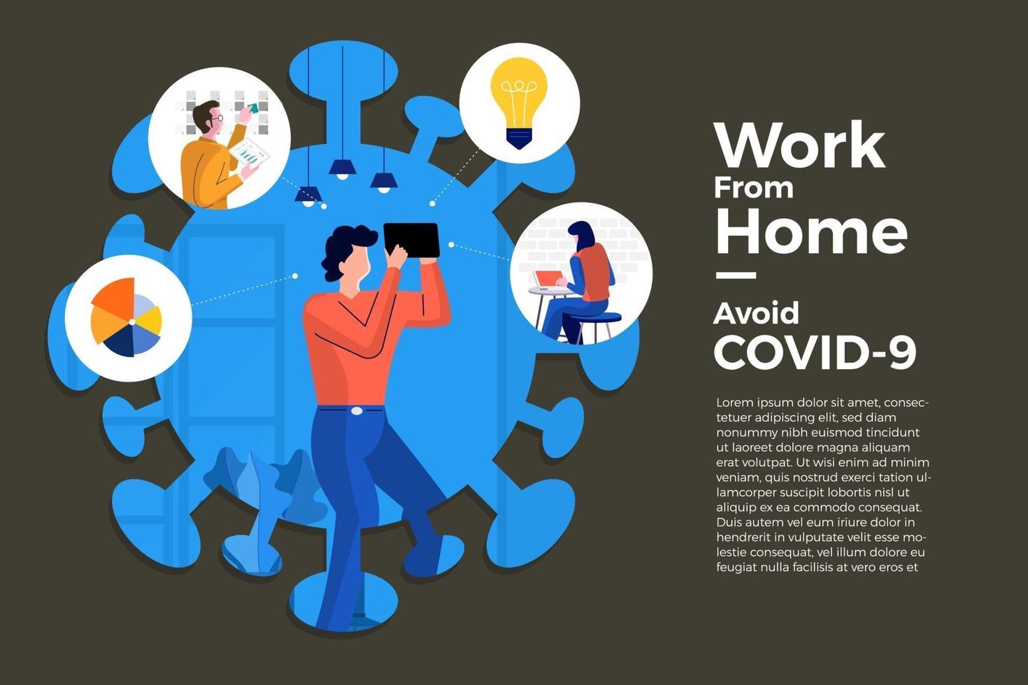 coronavirus (COVID-19. la empresa permite a los empleados trabajar desde casa para evitar virus vector