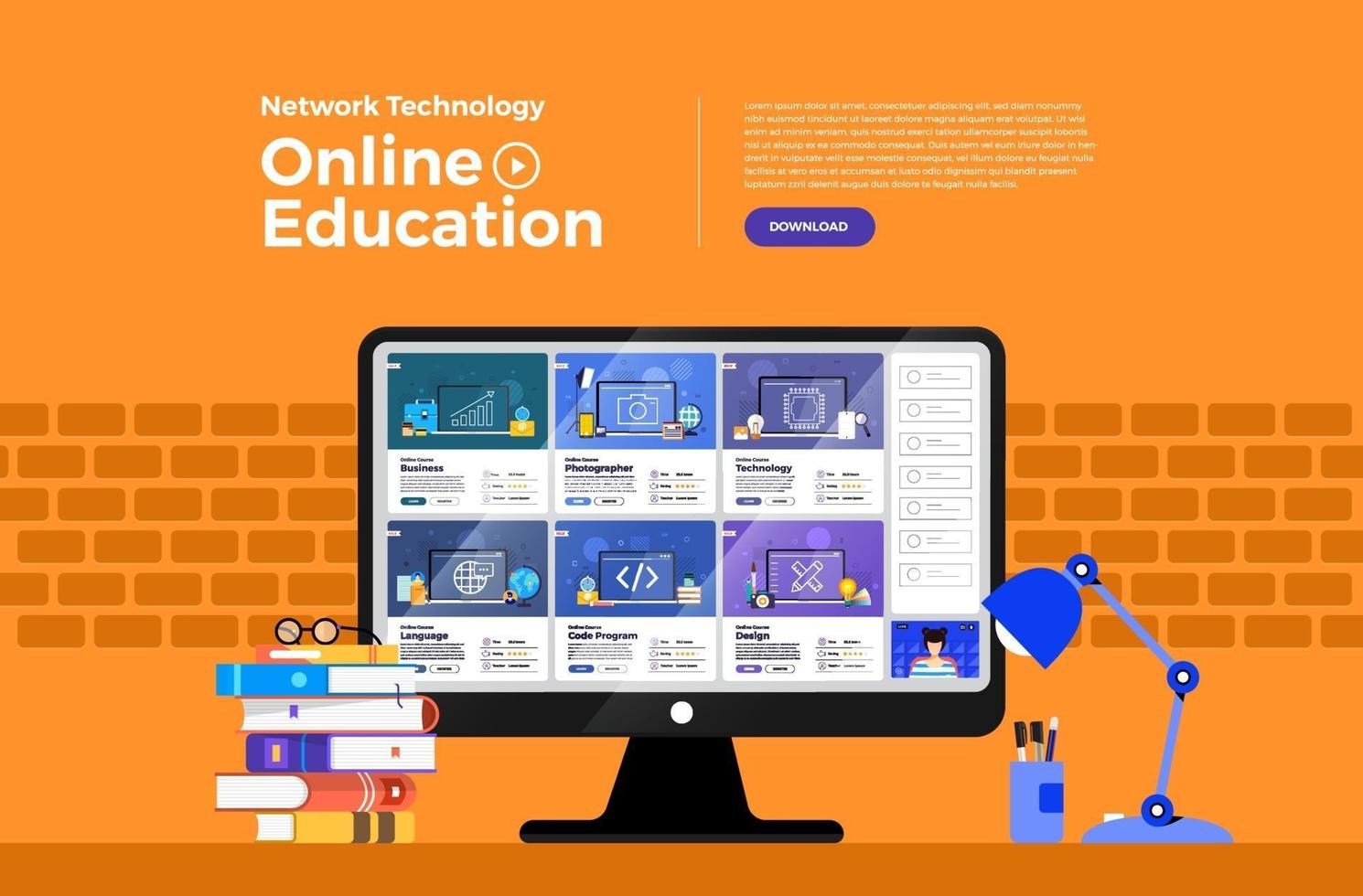 Online education. E-learning course study from home. vector