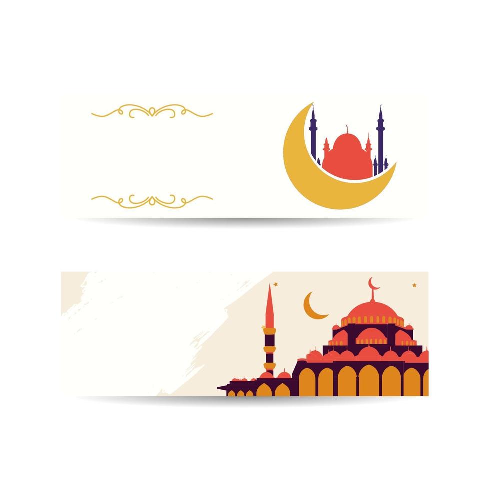 Ilustración de ramadan kareem con silueta de mezquita para celebraciones del festival de la comunidad musulmana. imagen del atardecer. conjunto de banner horizontal. banner de fondo islámico vector