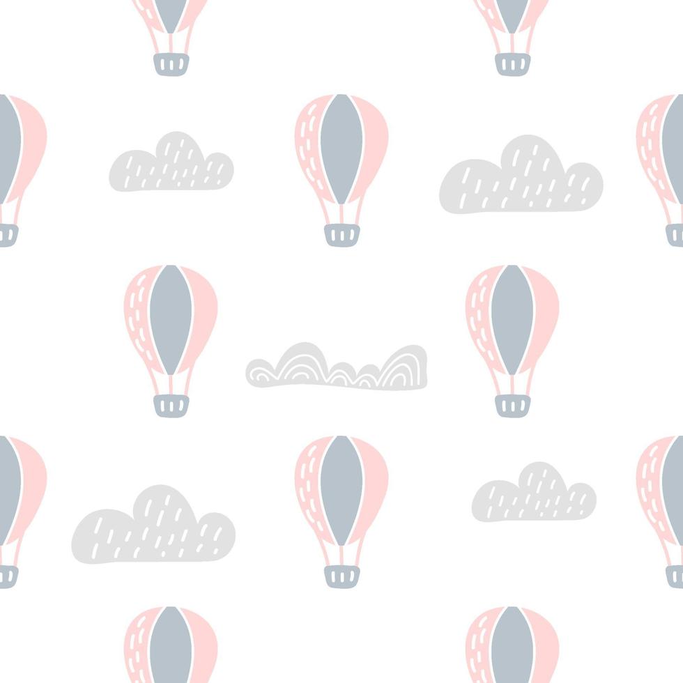 Vector scandinavian baby Seamless pattern of colorful air balloons and clouds isolated on white background. Simple kids illustration texture for nordic wallpaper, fills, web page background