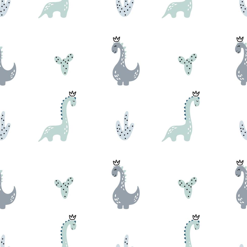 Childish seamless pattern with hand drawn dino in scandinavian style. Creative dinosaur vector childish background for boy fabric, textile