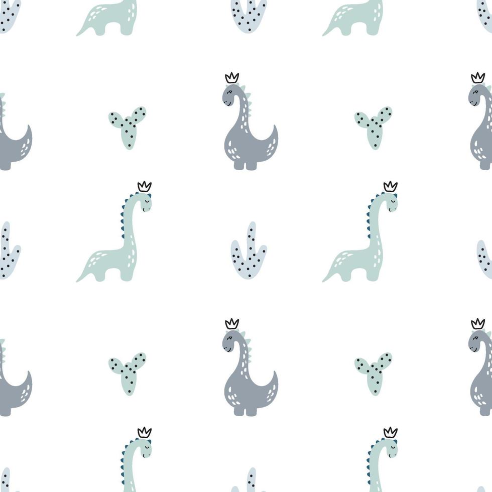 Childish seamless pattern with hand drawn dino in scandinavian style. Creative dinosaur vector childish background for boy fabric, textile