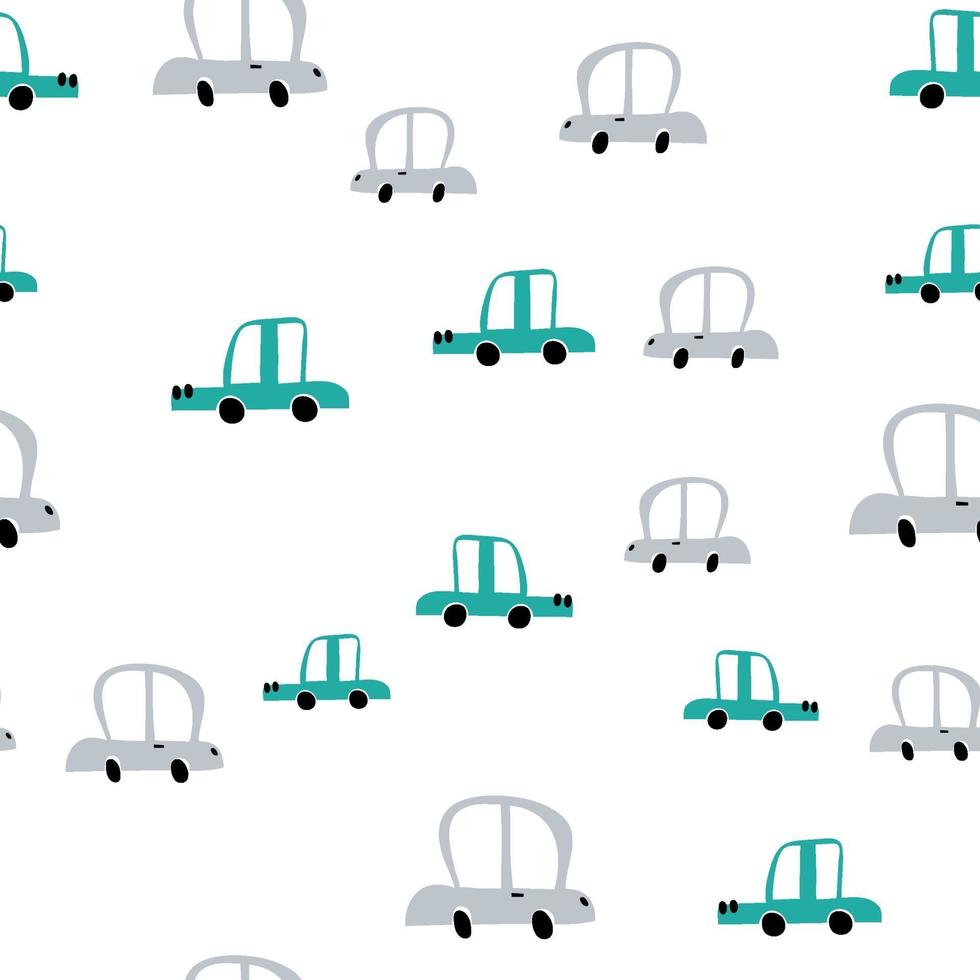Vector pastel color doodle scandinavian cars. Seamless baby boy pattern. Texture for wallpaper, fills, web page background