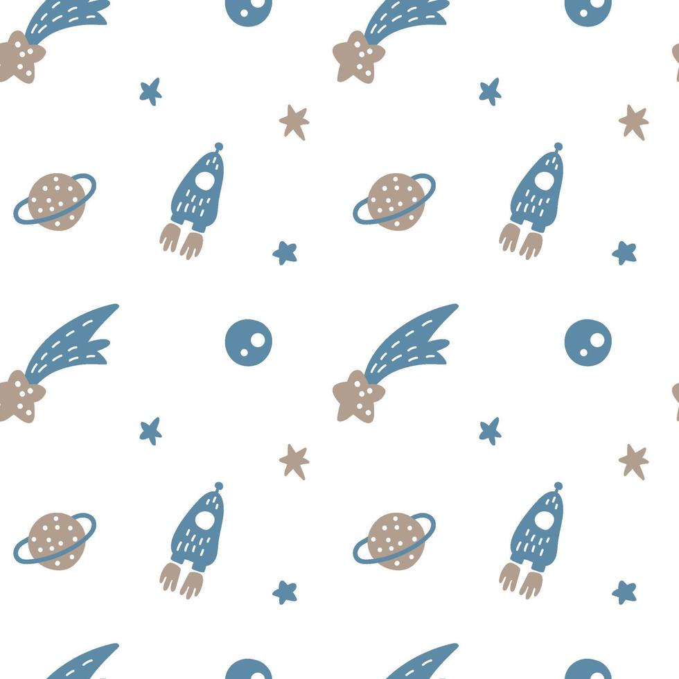 Vector flat space seamless pattern background. Cute color template with Astronaut, Spaceship, Rocket, Moon, Stars in Outer space