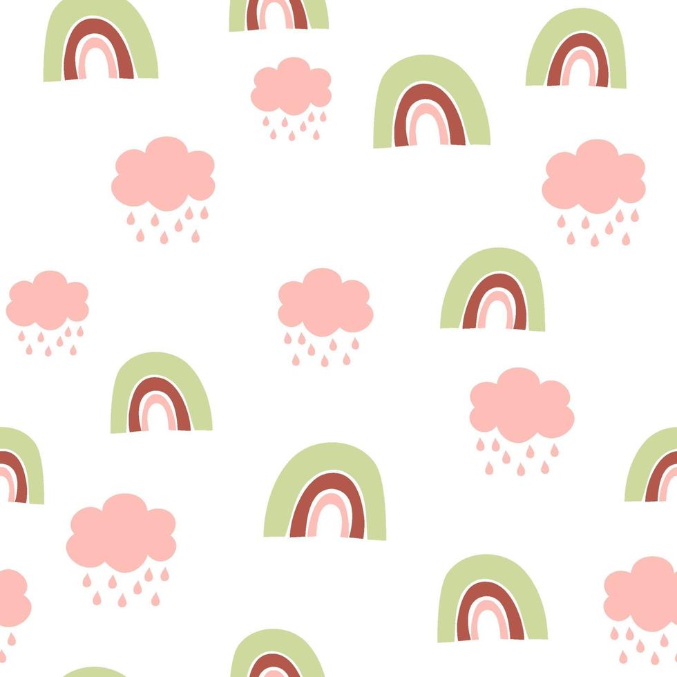 Kids hand drawn seamless pattern with colorful pastel rainbows and clouds. Summer background. Vector illustration. Print for baby design. Scandinavian style