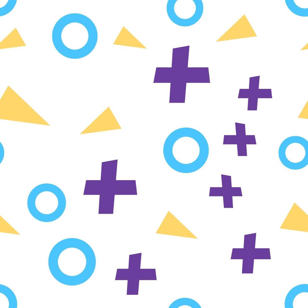 Flat vector texture of geometric colorful shapes. Geometric figures patter in modern hipster style. Abstract background with blue circles, lilac crosses and yellow triangles