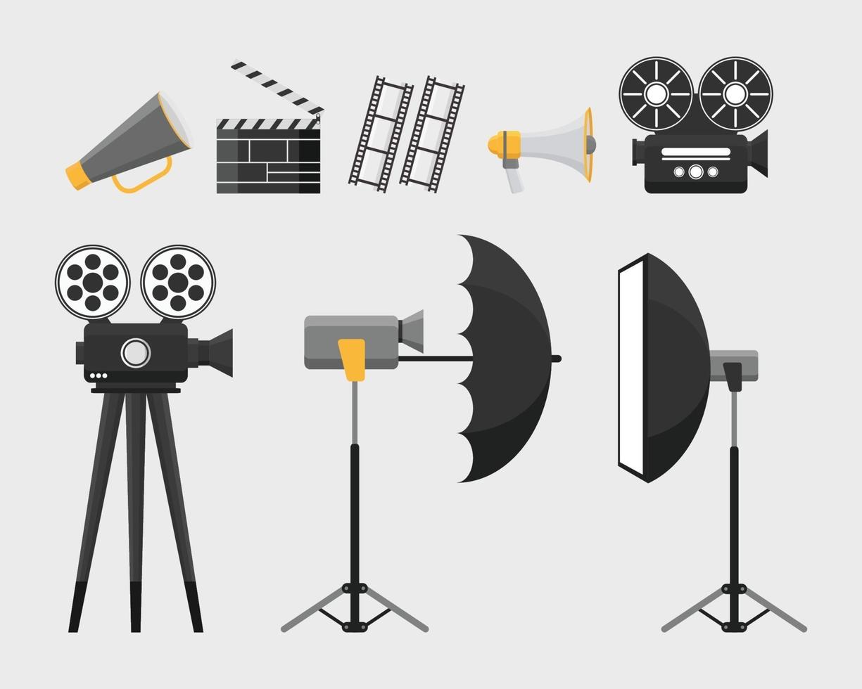 Conjunto de equipo de herramientas de película de cinematografía. vector