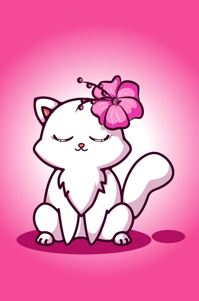 un lindo gato blanco con flor en la oreja vector