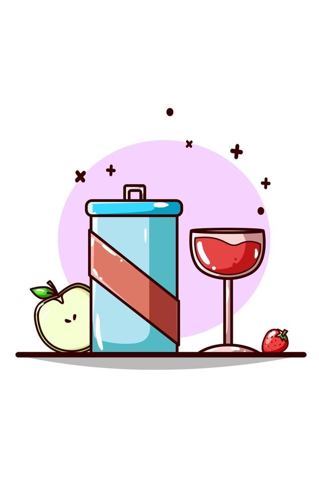 dibujo a mano de refresco, cerveza, manzana y fresa vector