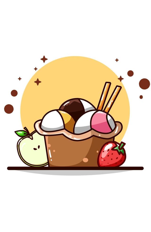 helado con ilustración de fresa y manzana vector