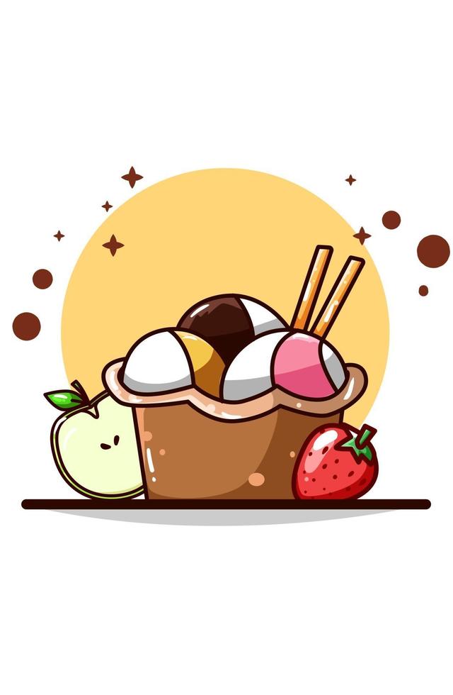 Ice cream with strawberry and apple illustration vector