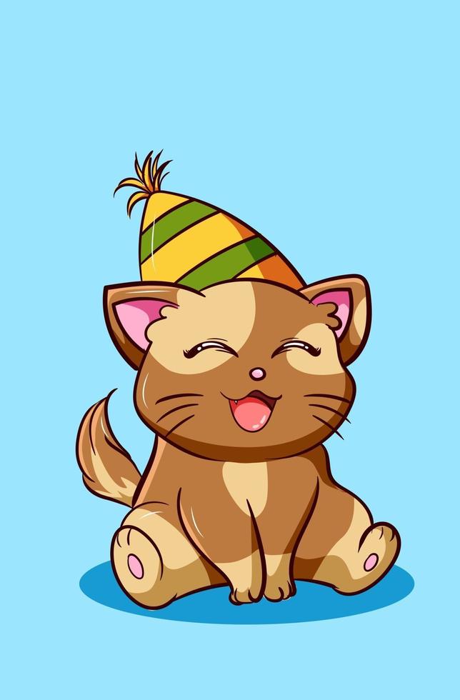 Gato feliz y kawaii con sombrero de cumpleaños, ilustración de dibujos animados de animales vector