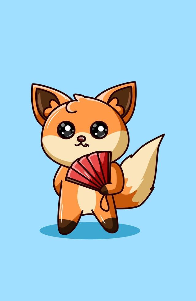 Kawaii and happy fox carrying fan cartoon illustration vector