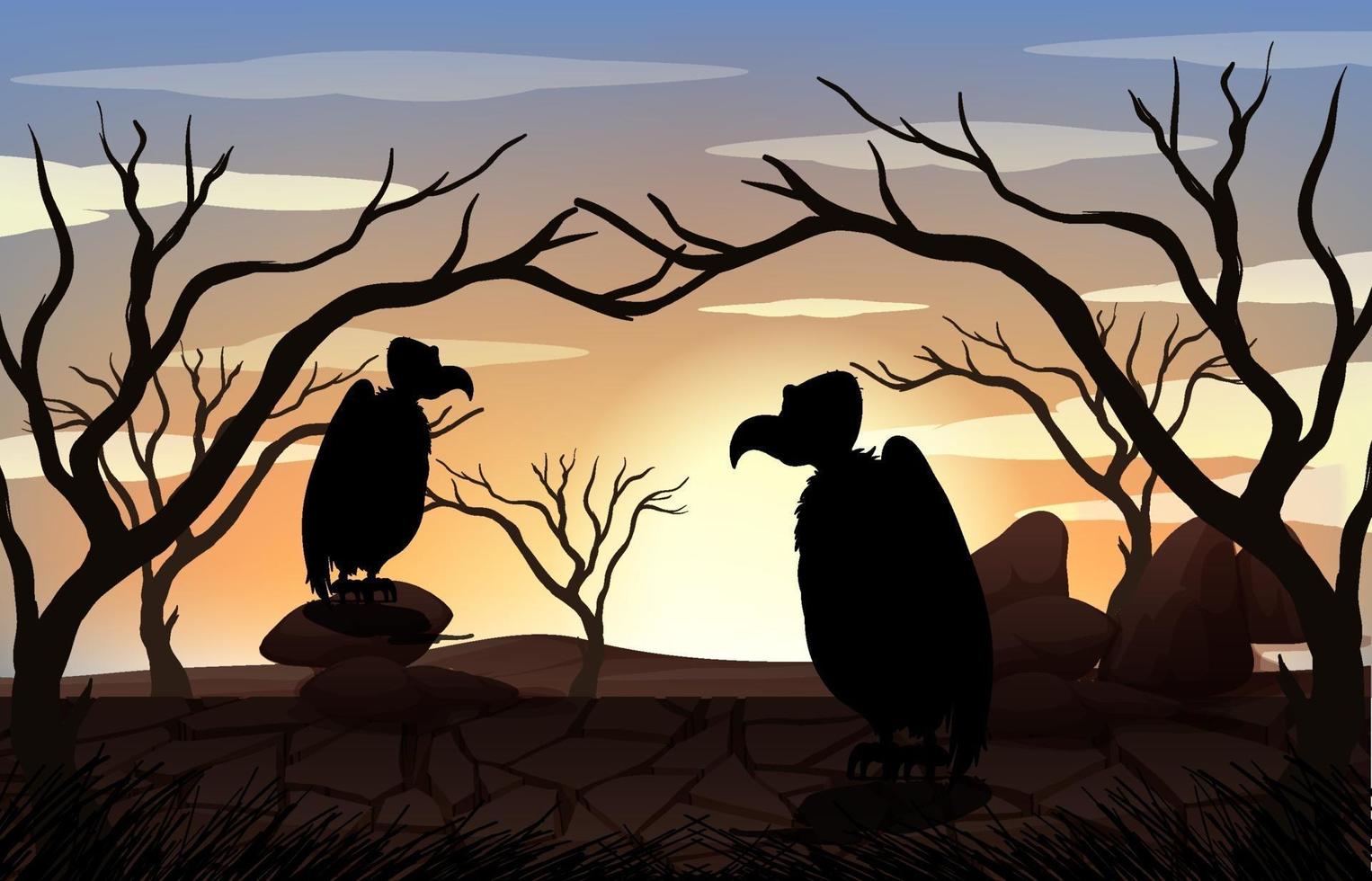 Silhouette Vulture and Forest Scene at sunset time vector