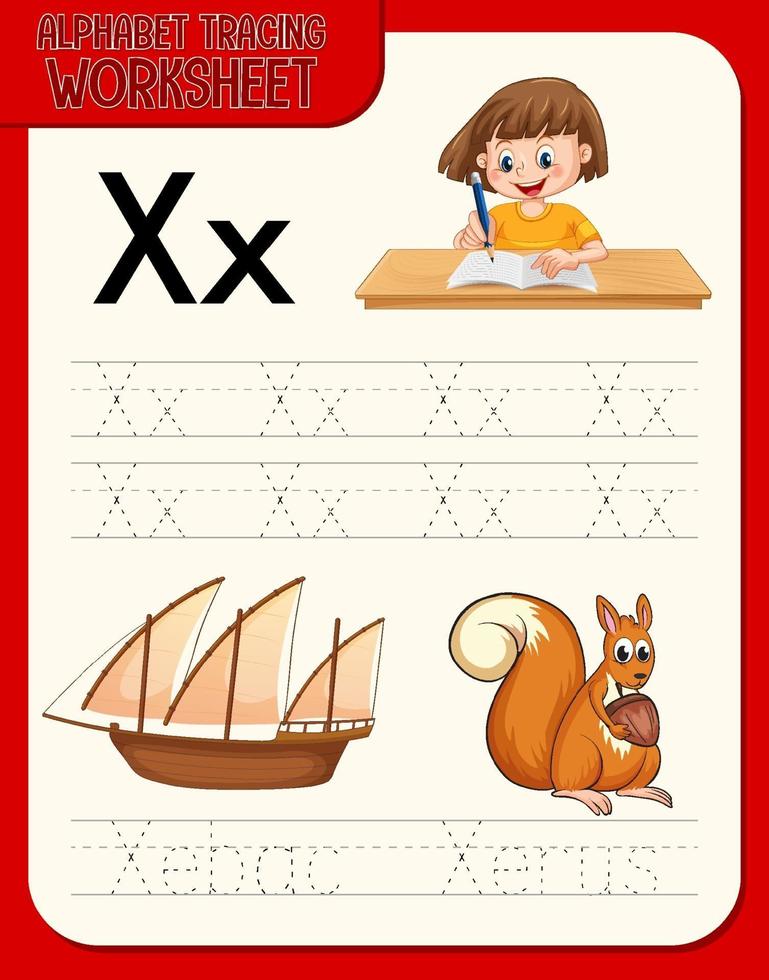 Alphabet tracing worksheet with letter X and x vector