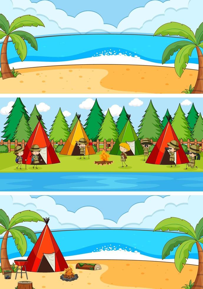 Set of different horizontal beach scenes with doodle kids cartoon character vector