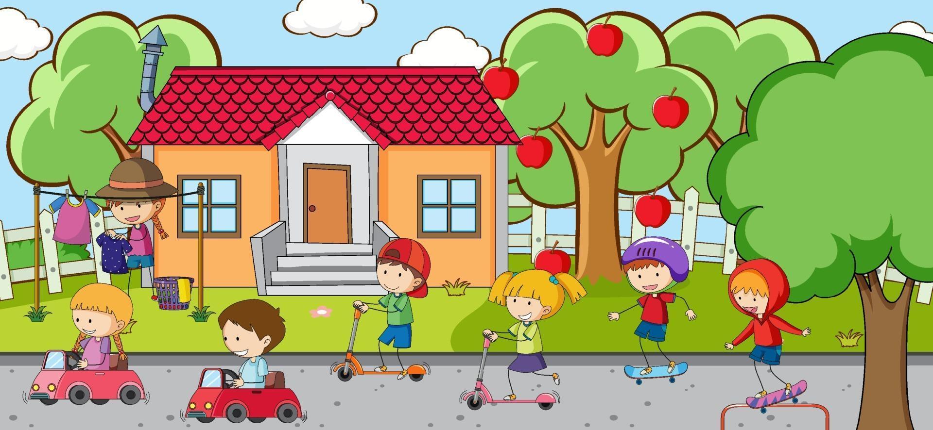 Outdoor scene with many kids playing at playground vector