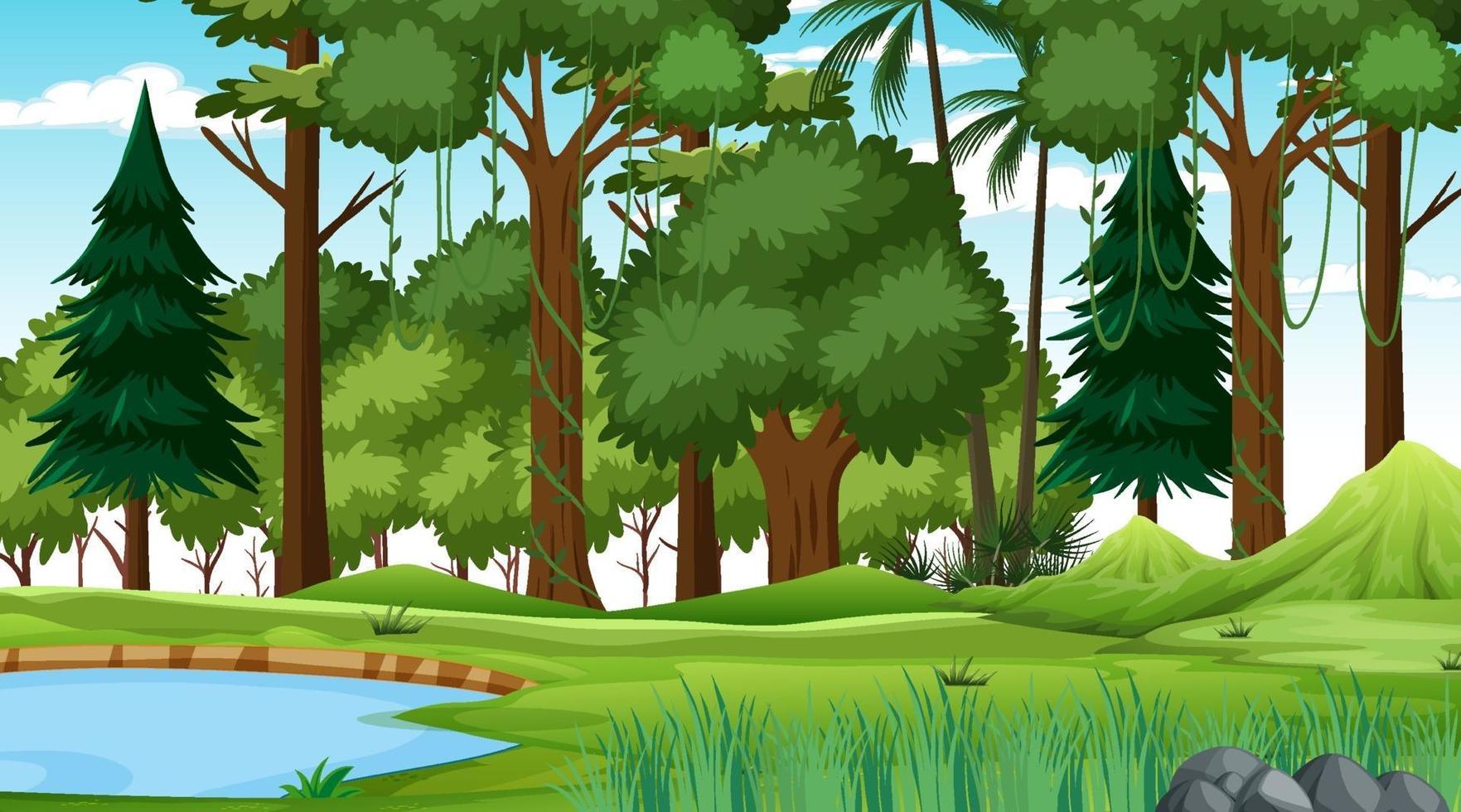 Escena de la naturaleza del bosque con estanque y muchos árboles durante el día. vector