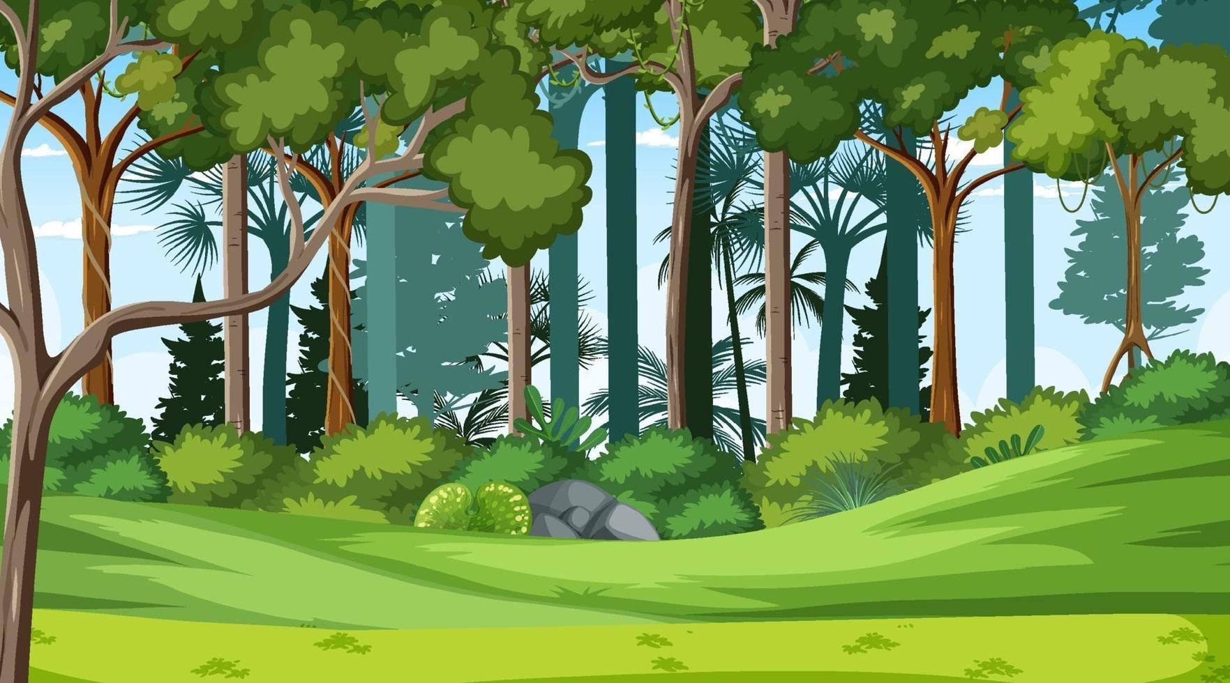 Forest landscape scene at day time with many different trees vector