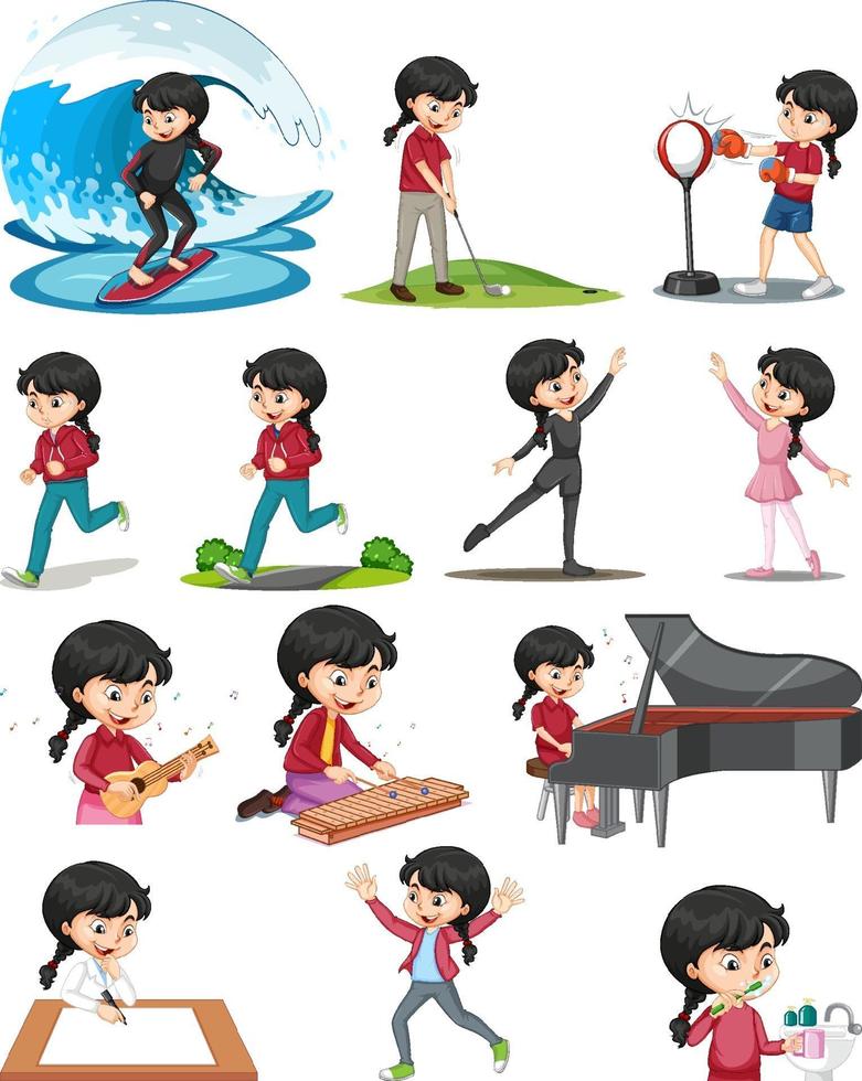 Set of a cute girl doing different activities vector