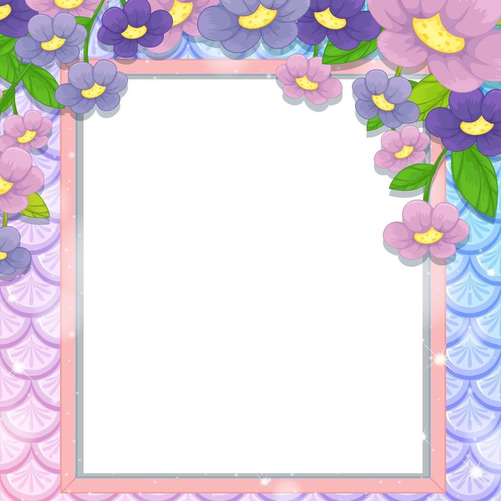 Banner en blanco sobre fondo de escamas de pez arco iris con muchas flores vector