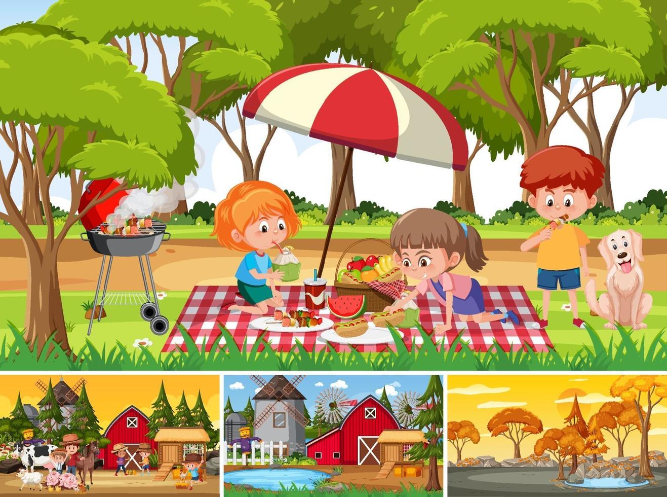 Four different scenes with children cartoon character vector