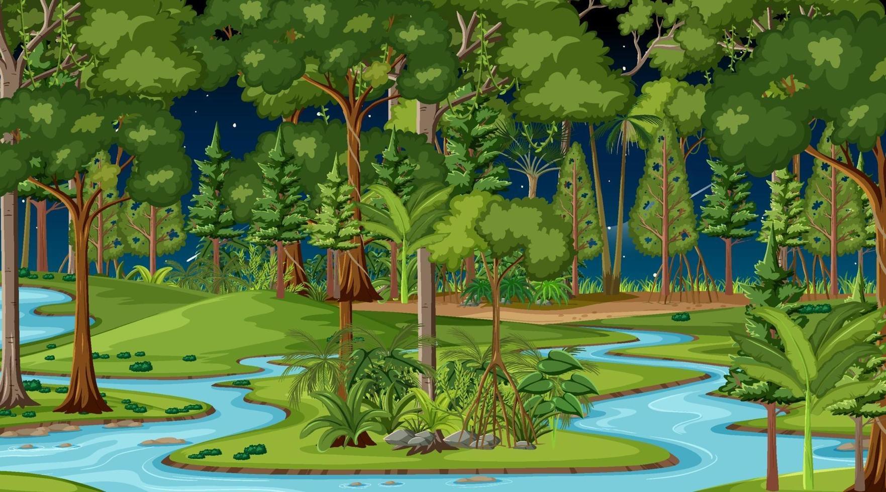 River flow through the forest scene at night vector