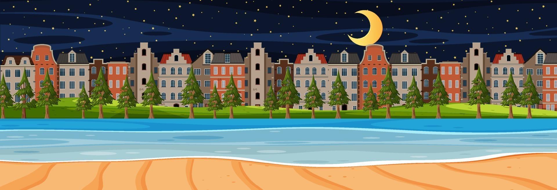 Escena horizontal de playa en la noche con fondo de ciudad vector