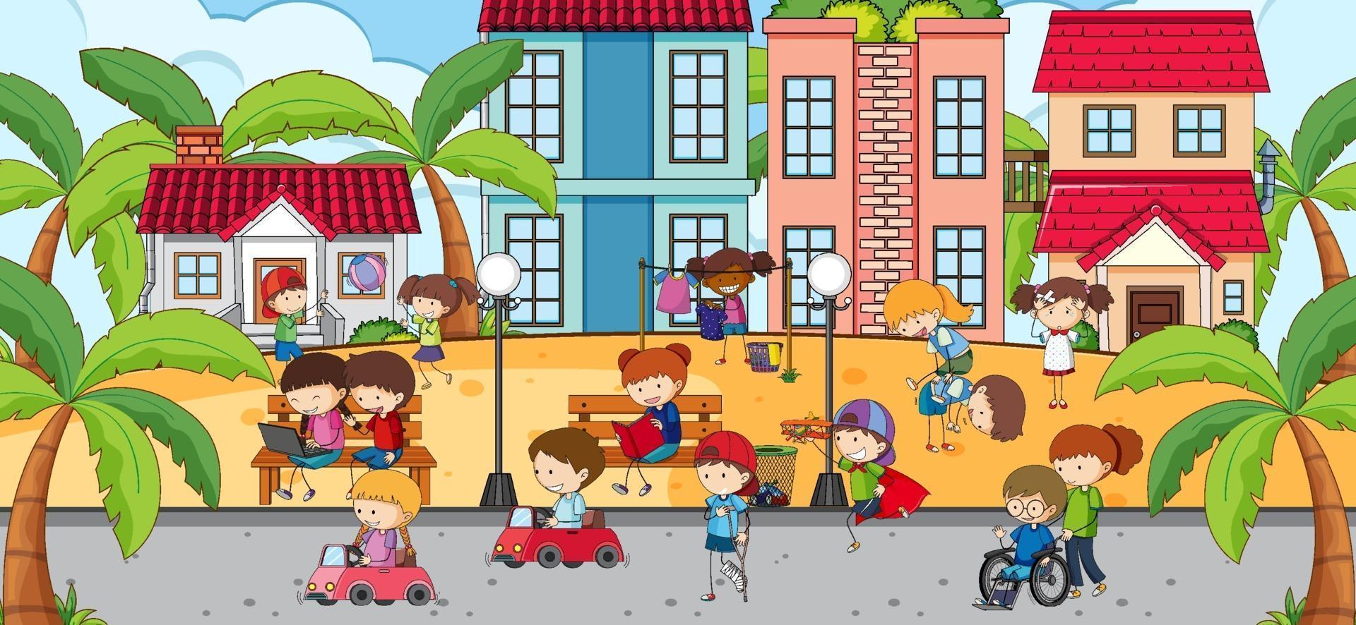 Outdoor scene with many kids playing in the park vector