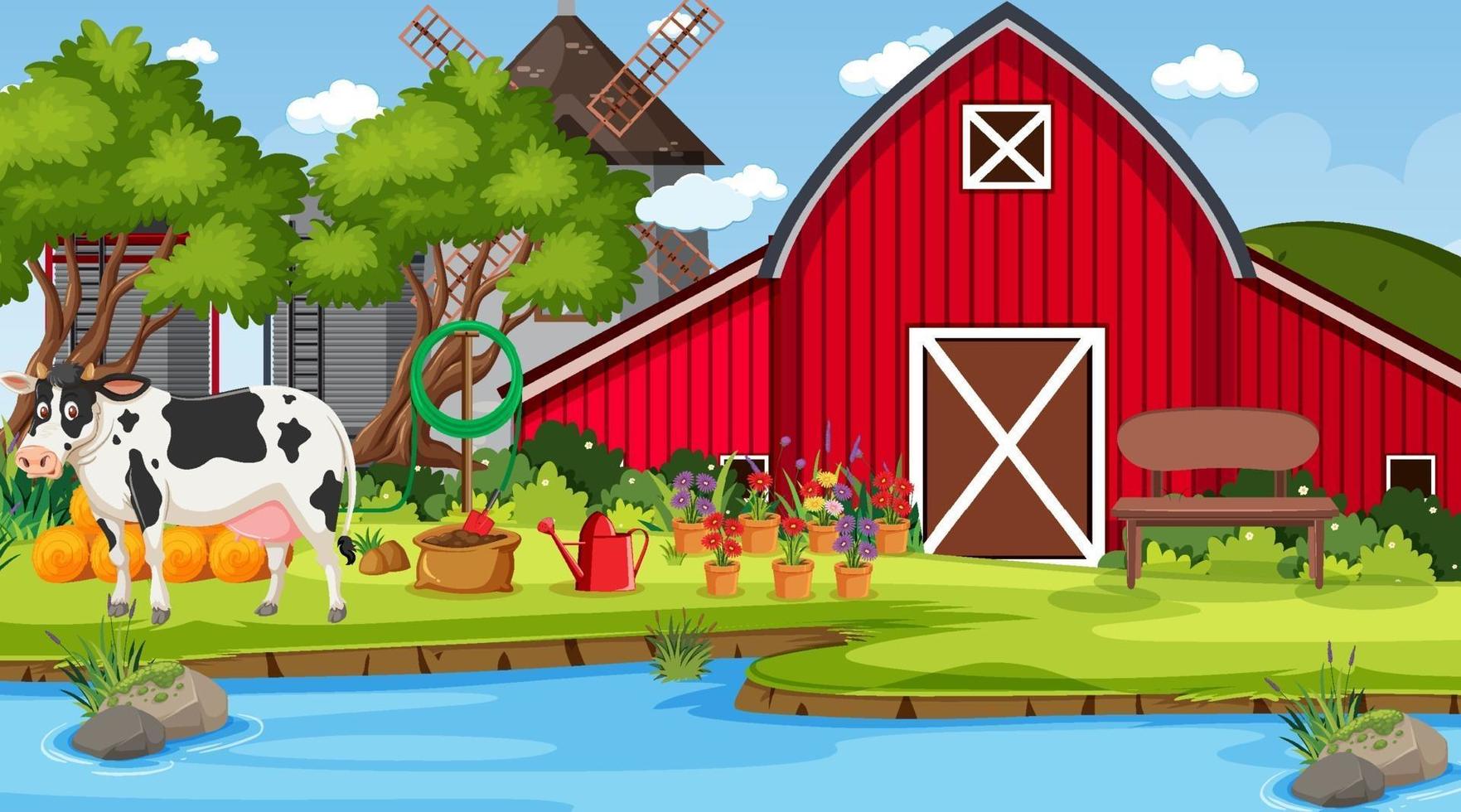 Red barn in farm scene with a cow vector