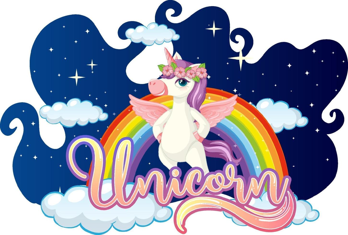 una fuente de cuento de hadas con un personaje de dibujos animados de unicornio de pie sobre una nube vector