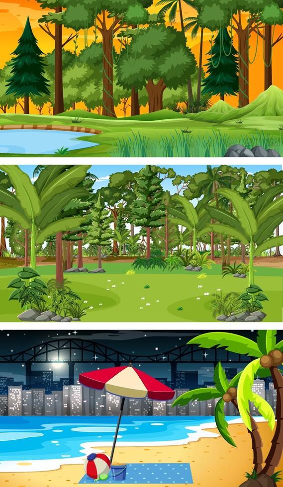 Three different forest horizontal scenes vector