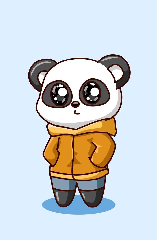 un pequeño panda lindo con chaqueta amarilla, ilustración de dibujos animados kawaii vector