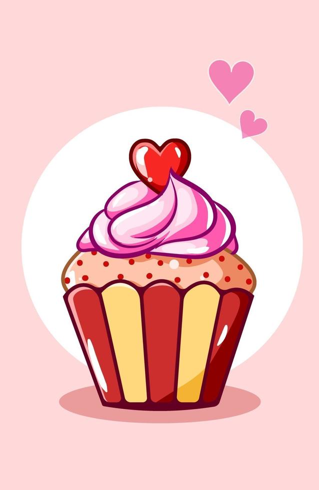 valentine cupcake with love on the top of cream, cartoon illustration vector