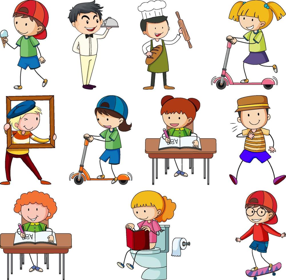 Set of different doodle kids cartoon character vector