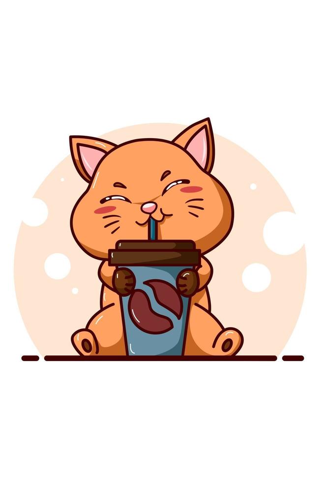 A cute orange cat sitting and drinking a bottle illustration vector