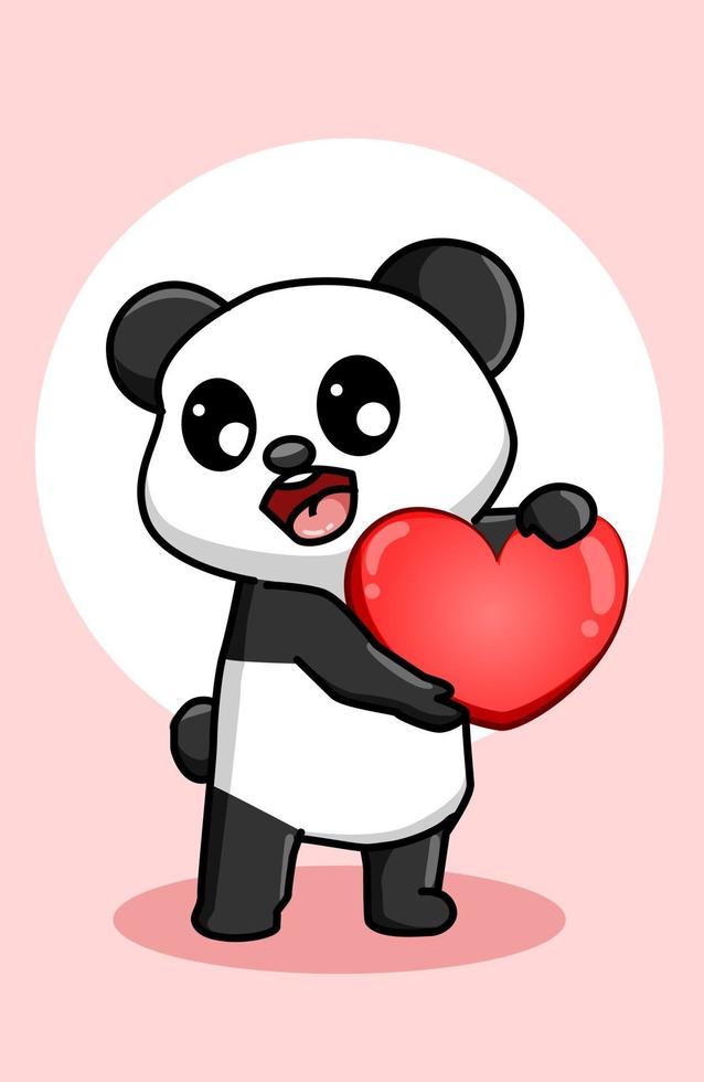 kawaii y panda divertido trae un gran corazón, ilustración de dibujos animados de San Valentín vector