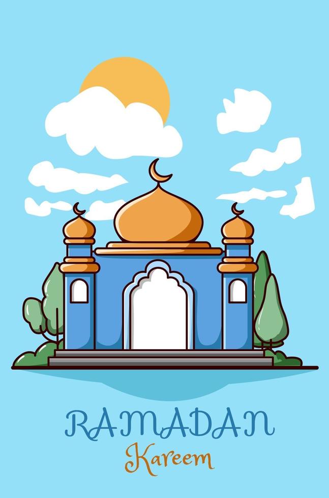 Yellow blue mosque with sky background icon ramadan kareem cartoon illustration vector