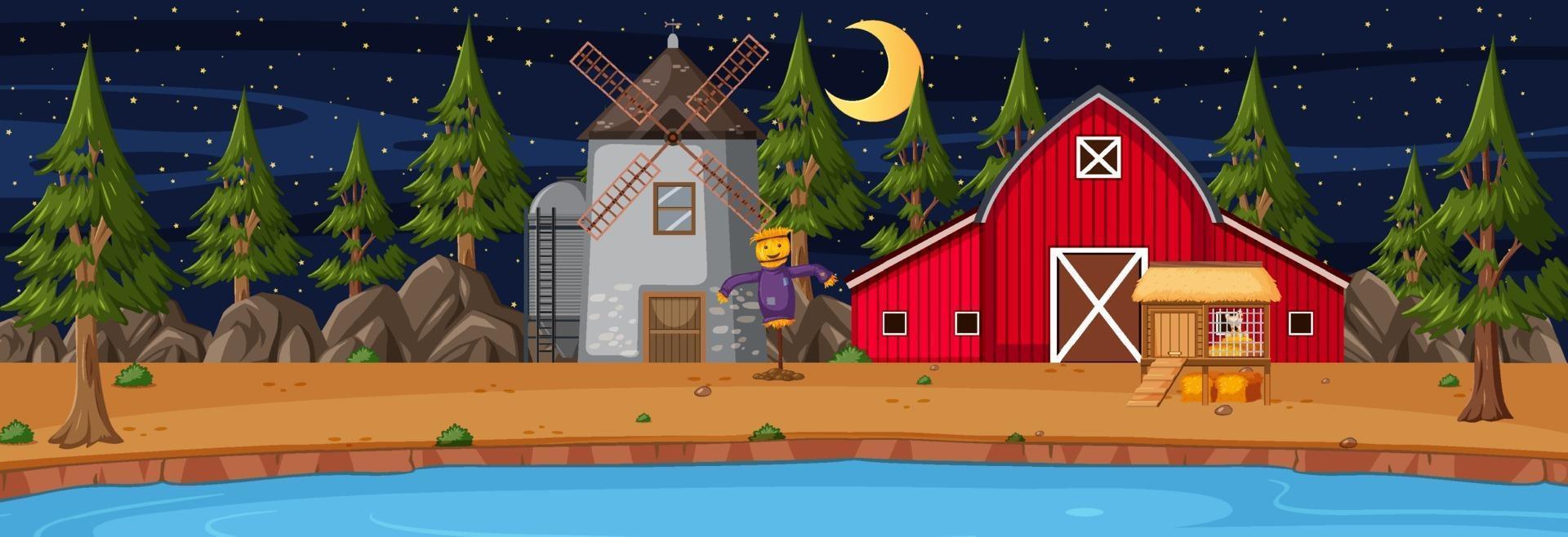 Farmland horizontal scene with barn and windmill at night time vector