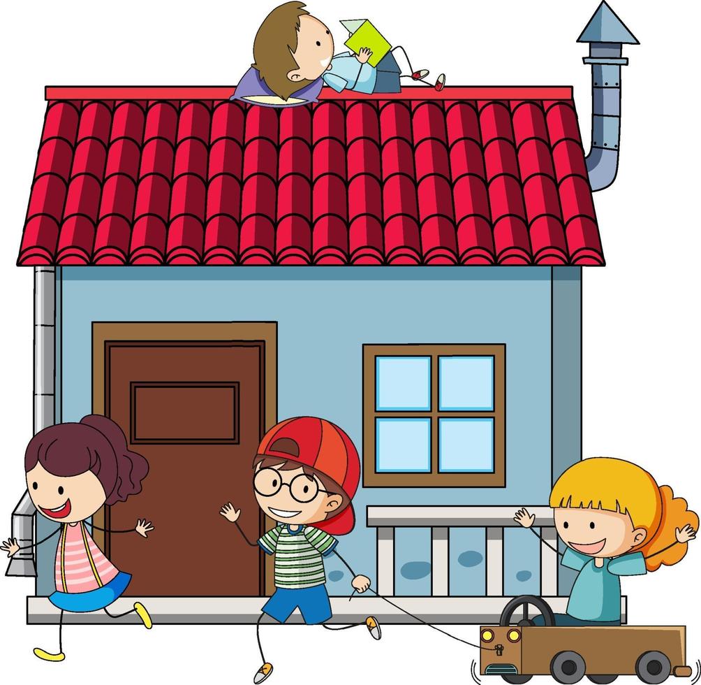Many kids doing different activities around the house vector