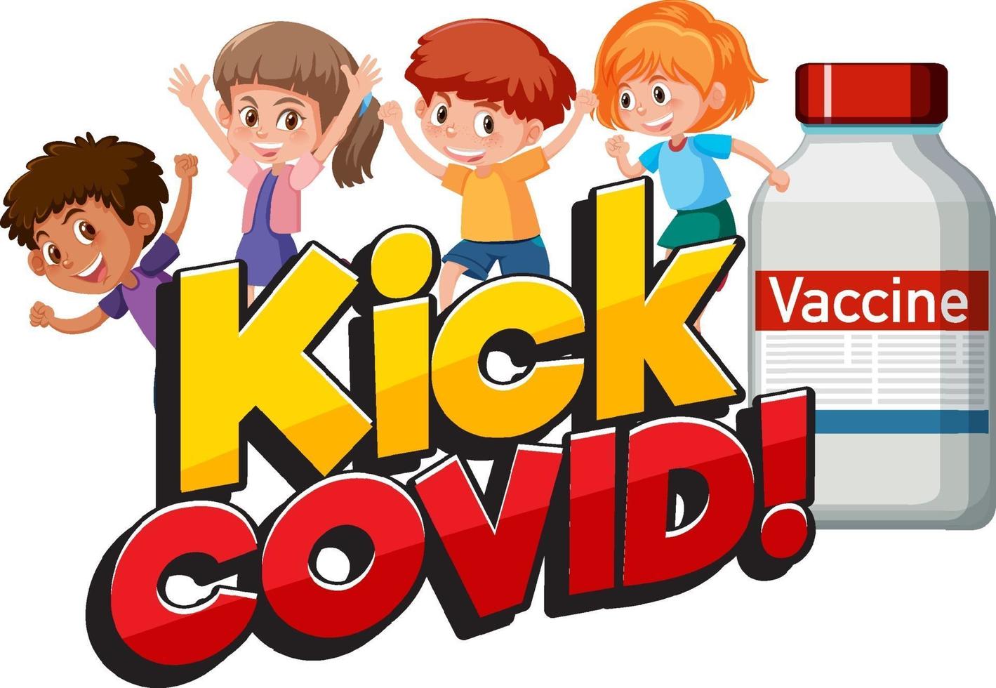 Kick Covid font with many children cartoon character vector