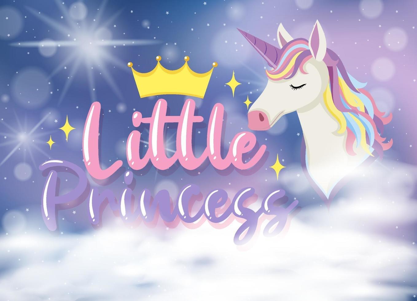 Little Princess font with unicorn cartoon character in the pastel sky vector