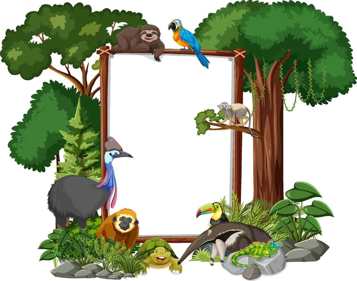 Banner vacío con animales salvajes y árboles de la selva sobre fondo blanco. vector