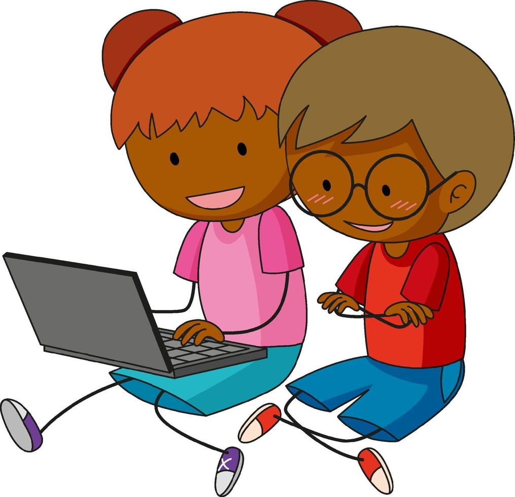 A doodle kids using laptop cartoon character isolated vector