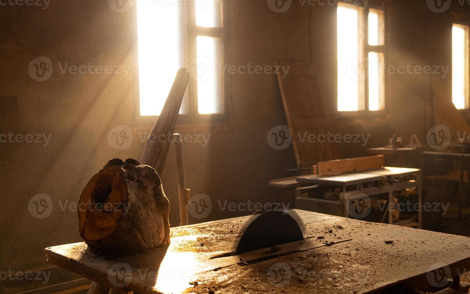 A circular saw blade in an empty wood cutting workshop photo