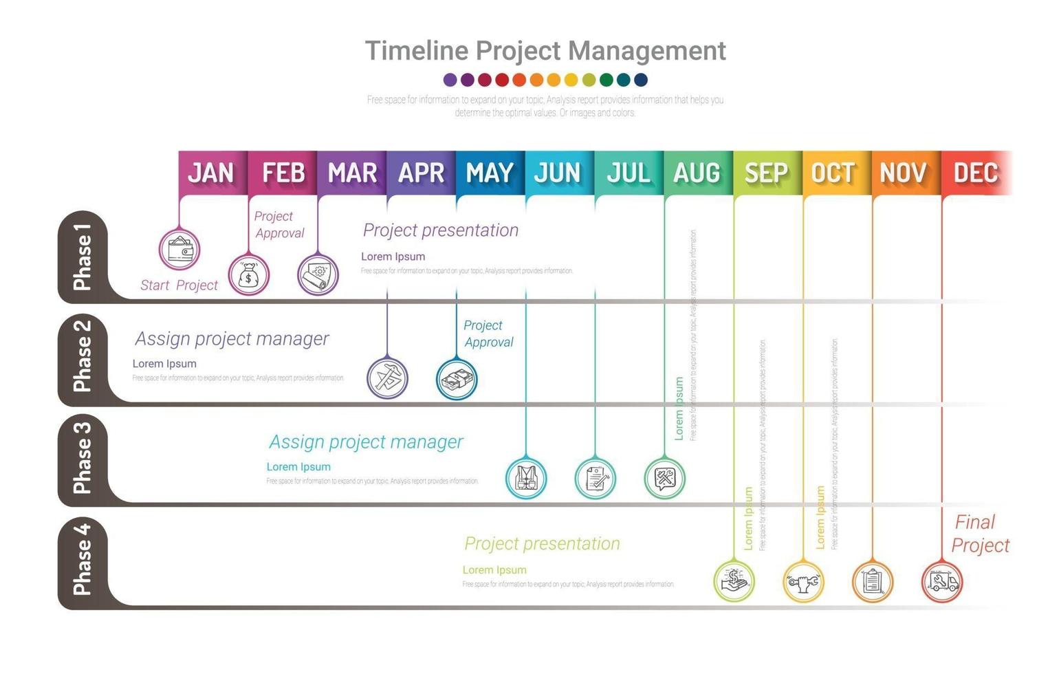 Project timeline graph for 12 months, 1 year, All month planner design and Presentation business project. vector